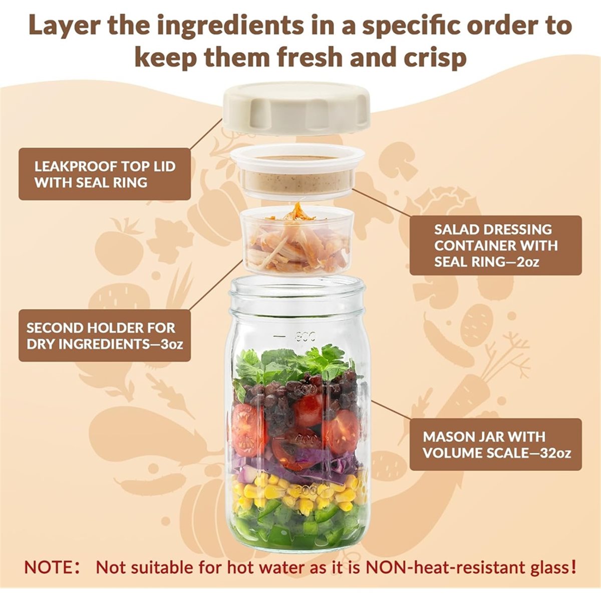 Meal Prep Jar Salad - A67T NUEVO Paquete de 4 Frascos